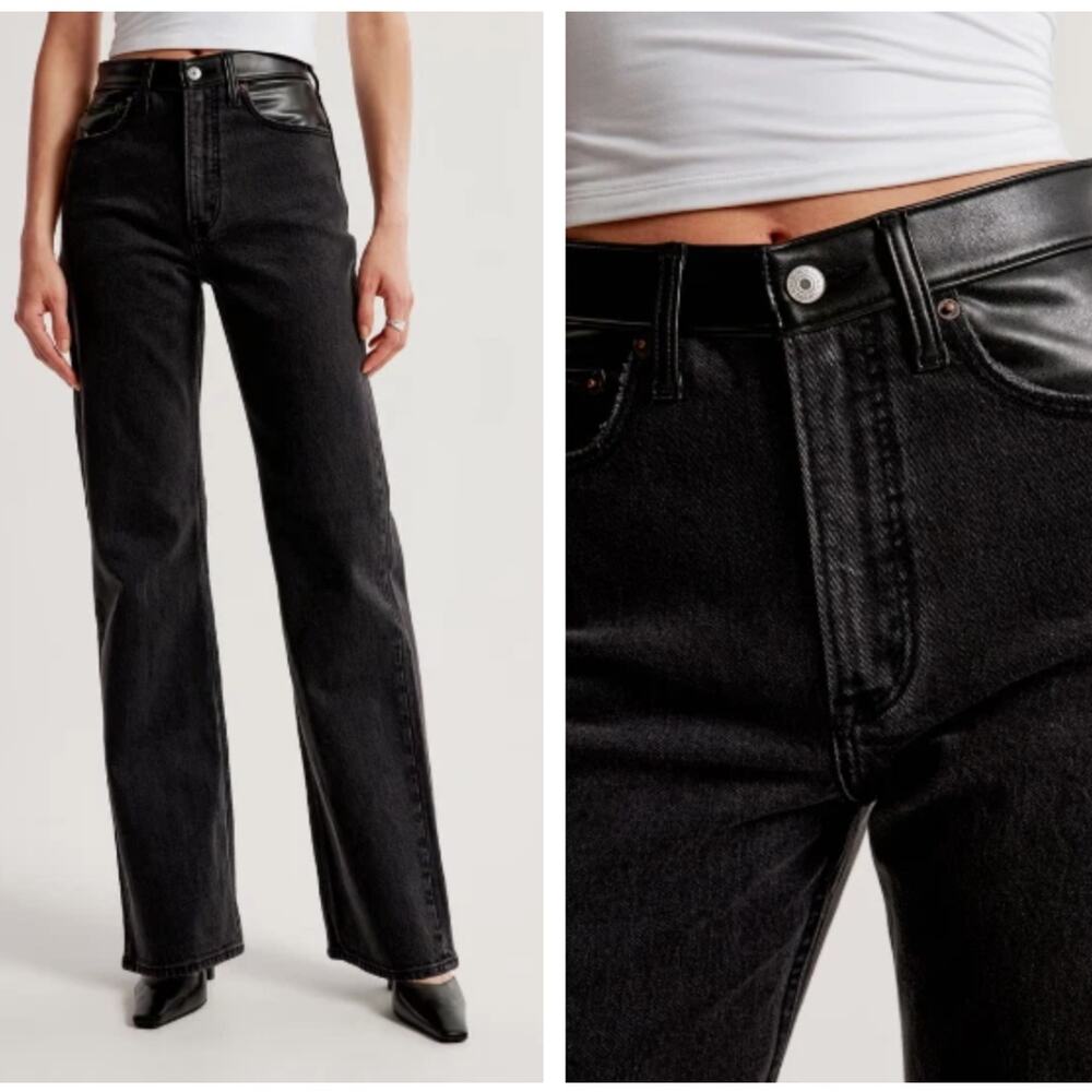 ABERCROMBIE & FITCH Ankle Straight High Rise Mixed Fabric Leather Sz 34/18R {R4}